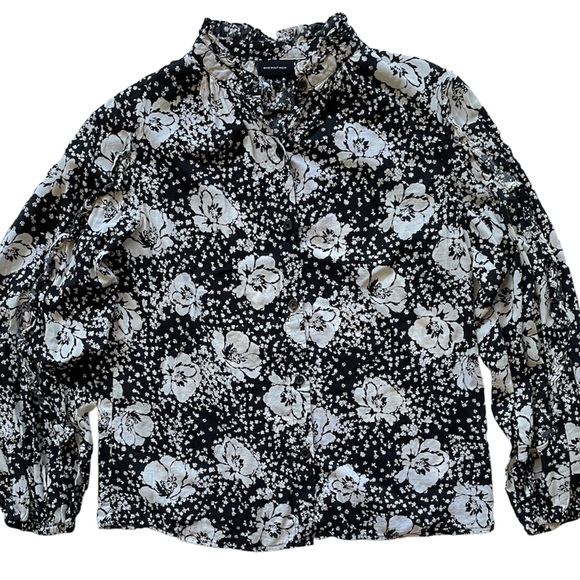 WHO WHAT WEAR Womens Small Blouse Shirt Floral Black White Long Sleeve Button Up - Picture 1 of 7